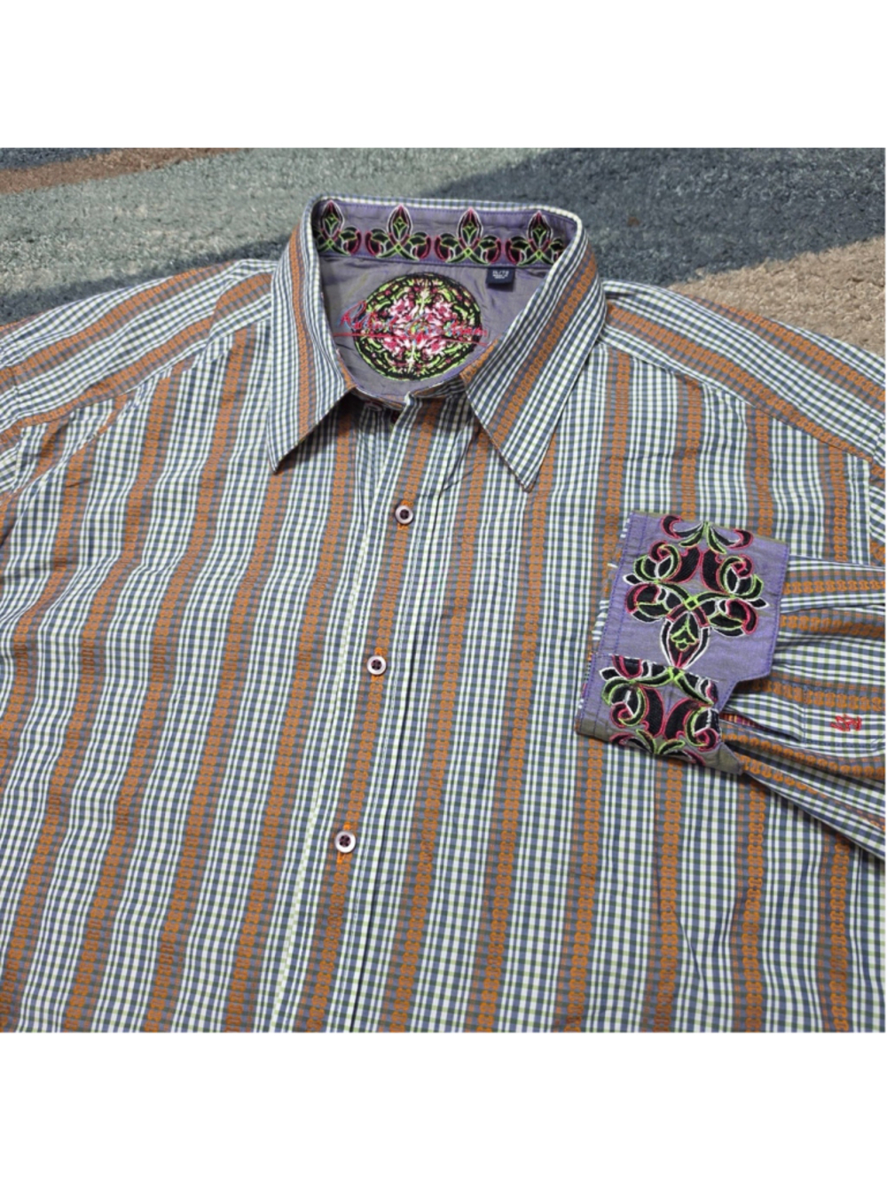 Robert Graham Style Mens XL Flip Cuff Shirt Embroidered Check Button Down
